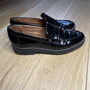 Franco Sarto Cassandra Black Patent Leather Lug Sole Penny Loafer Preppy US 8.5M